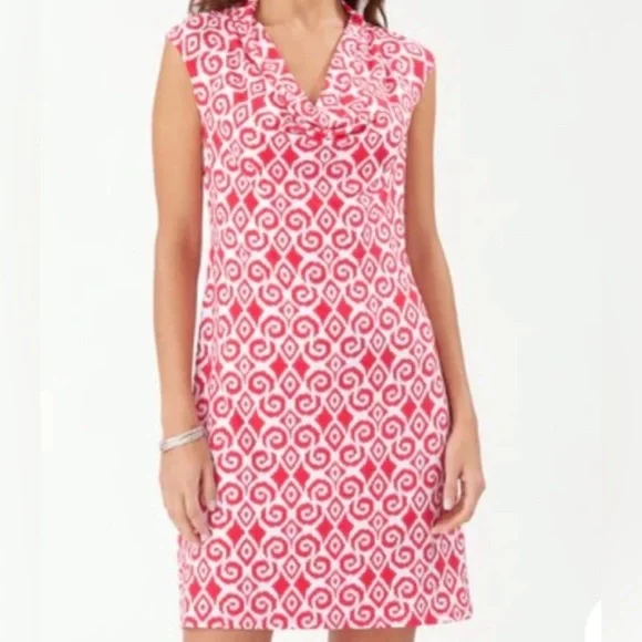 Tommy Bahama Women Medium Red Berry White Cowl Neck Sleeveless Dress Stretch - Picture 2 of 6